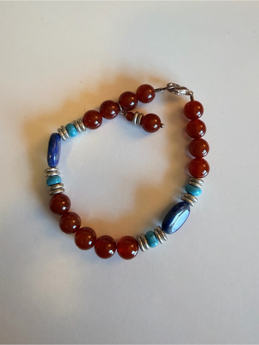 Vintage Handcrafted Carnelian and Turquoise Beaded Bracelet with Silver Accents